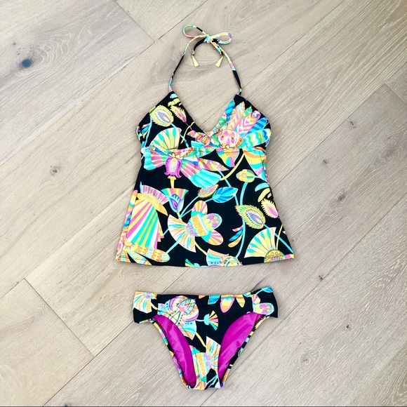 ⭐️Trina Turk⭐️Tankini Halter Set Neon Floral Paisley Black Swimsuit Swim Bikini - Picture 2 of 13